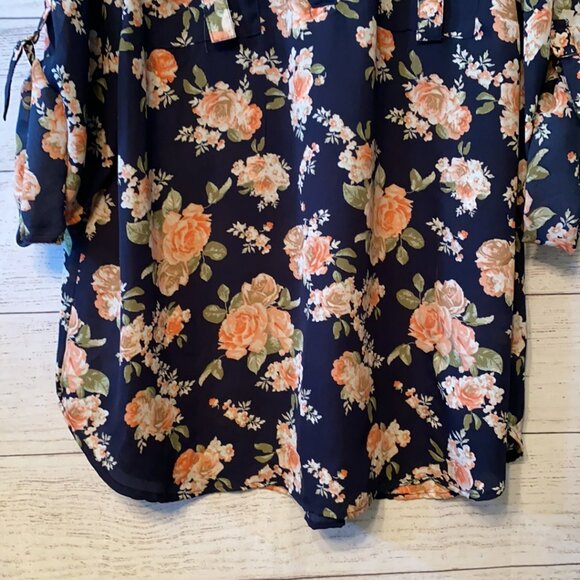 J for Justify Navy Blue and Vintage Floral Blouse Business Top Shirt Plus 1X - Picture 6 of 9